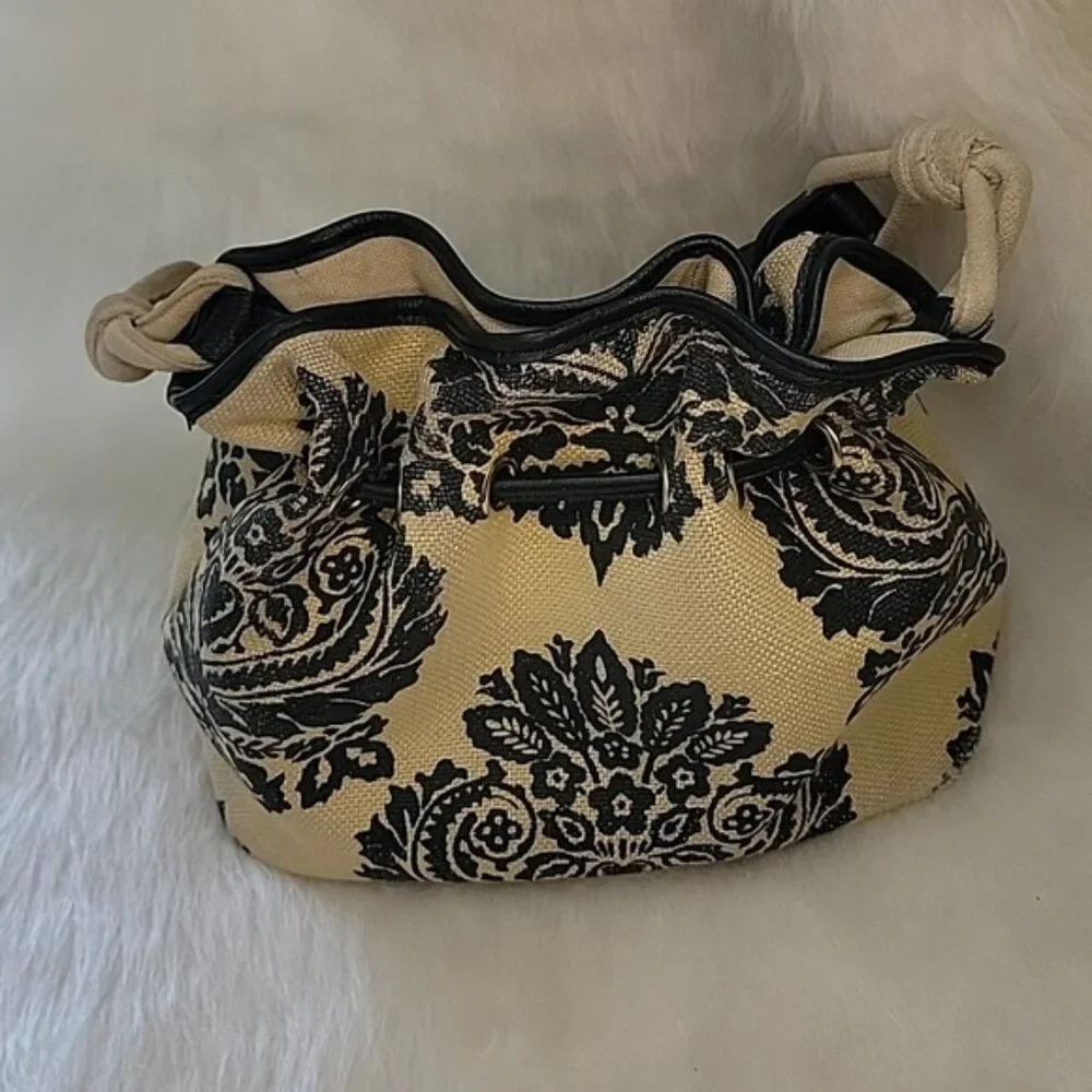 SPARTINA 449 Black Tan Linen Damask Print Single‎ Handle Drawstring Bucket Bag